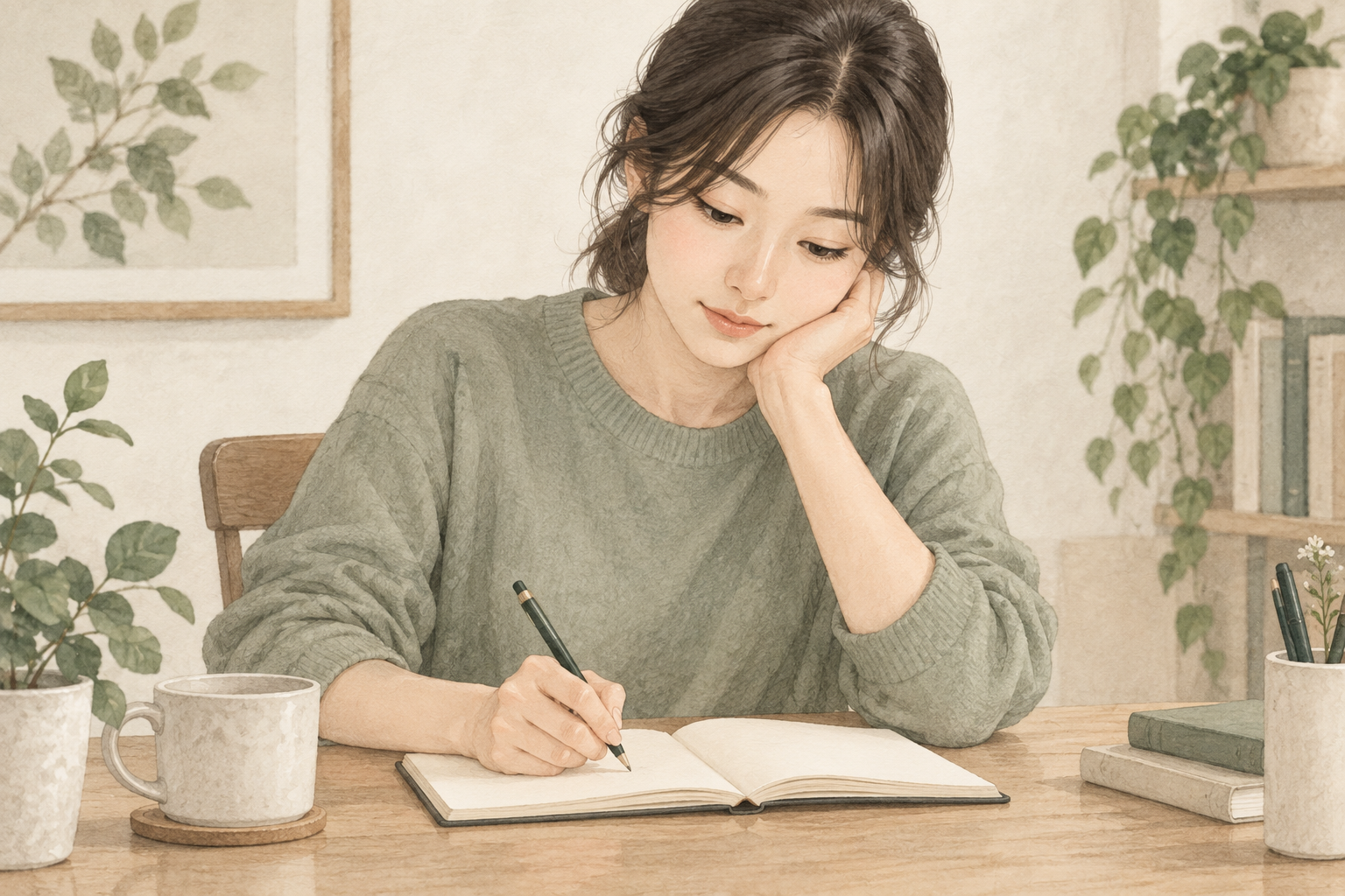 반복되는 피부 변화의 시기를 수첩에 적는 수채화 설명 그림
