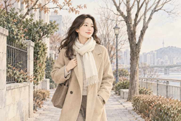 쌀쌀한 날 코트와 목도리로 노출 부위를 보호하며 걷는 수채화 설명 그림