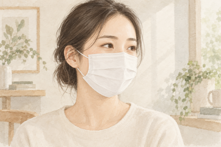 코와 턱을 덮는 마스크를 편안하게 착용한 성인의 수채화 설명 그림