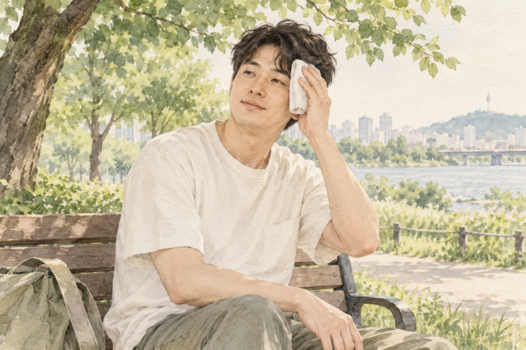 가벼운 운동 뒤 그늘에서 깨끗한 수건을 가볍게 대는 성인의 수채화 설명 그림