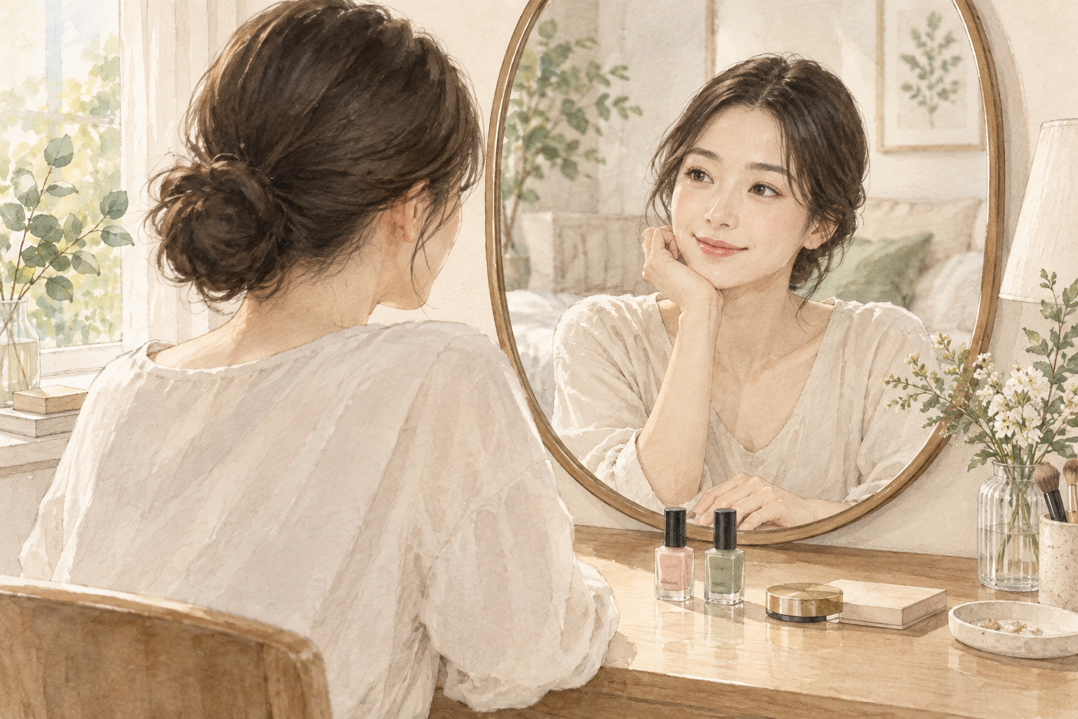 네일 제품과 화장품이 놓인 화장대에서 거울을 바라보는 수채화 설명 그림
