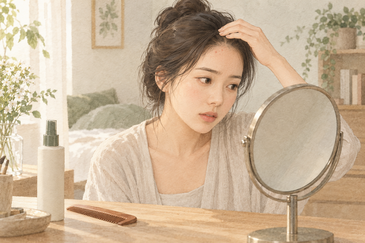 이마와 헤어라인을 살펴보는 수채화 설명 그림