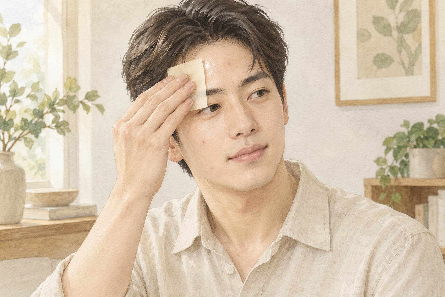 기름종이를 이마에 가볍게 대어 유분을 흡수하는 성인의 수채화 설명 그림
