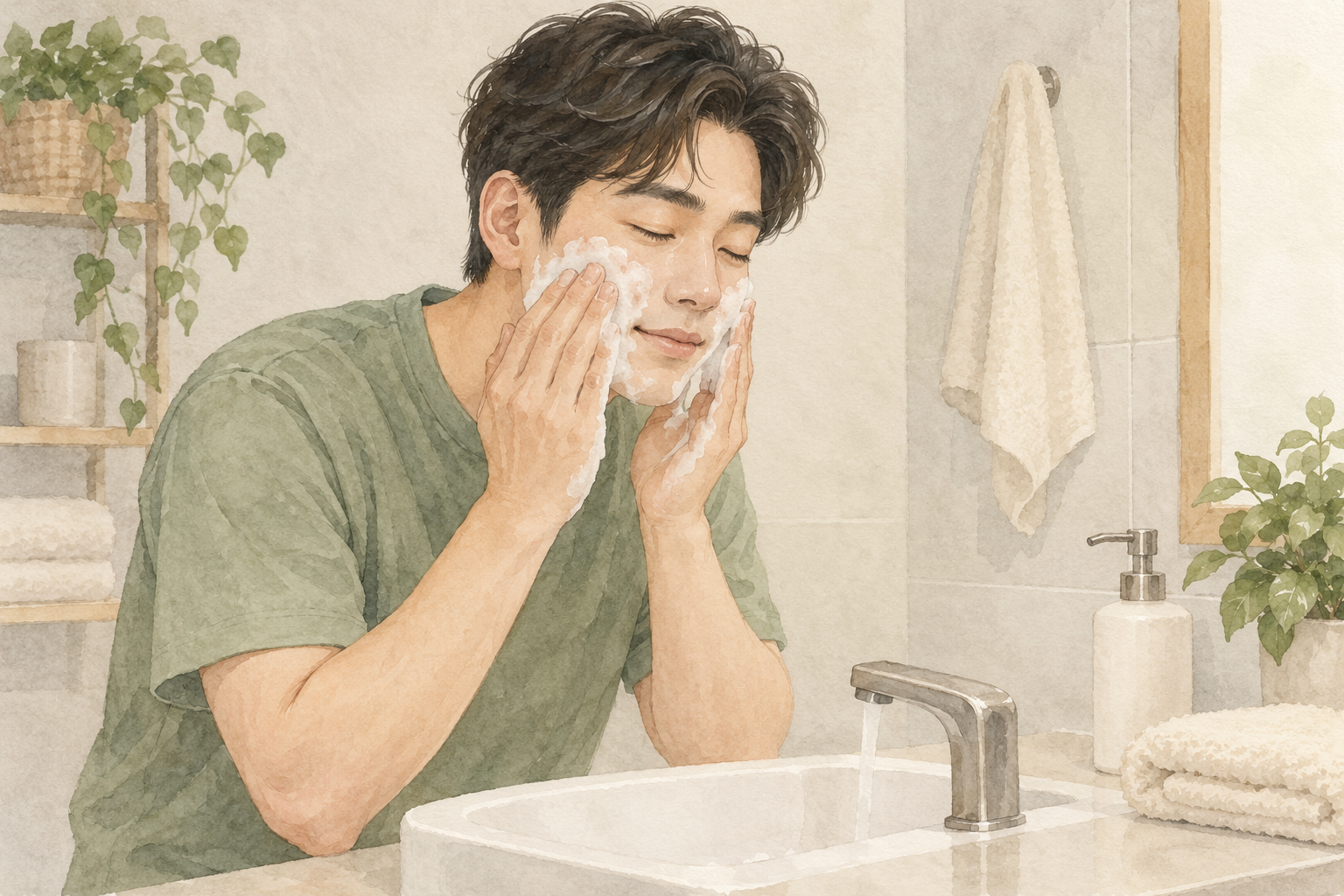 손끝으로 볼을 부드럽게 세안하는 성인의 수채화 설명 그림