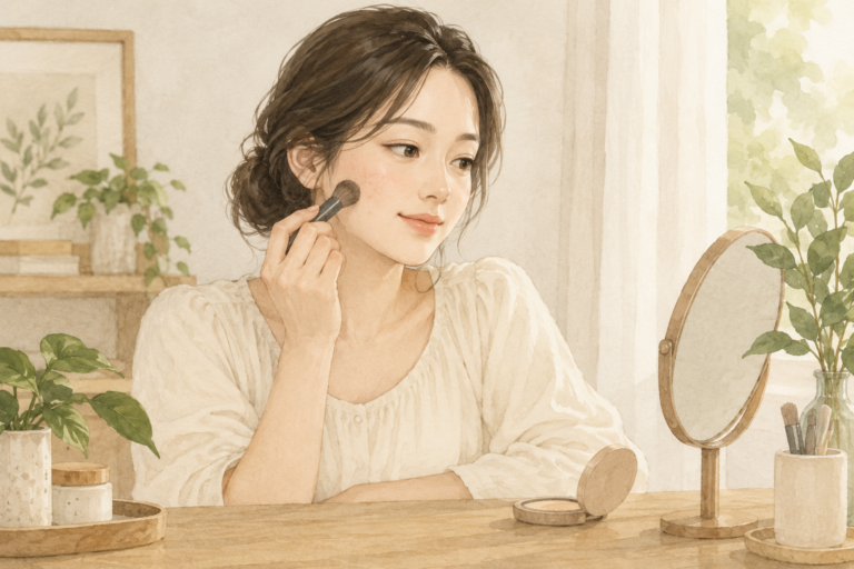 부드러운 화장 브러시로 볼에 가볍게 화장하는 성인의 수채화 설명 그림