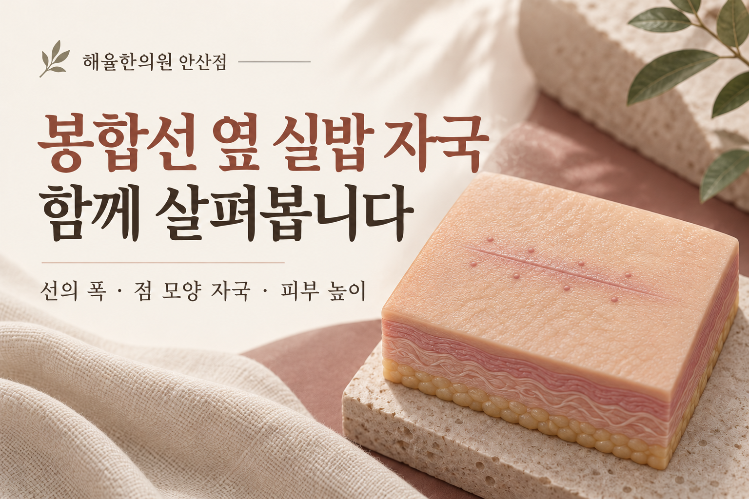 봉합선과 주변의 작은 실밥 자국을 표현한 피부 모형