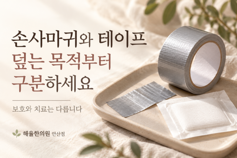 덕트테이프와 보호용 거즈를 나란히 놓아 덮는 목적을 구분한 장면