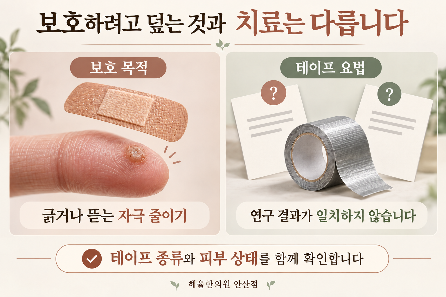 사마귀를 보호하는 목적과 테이프 요법의 연구 결과를 구분한 설명 그림