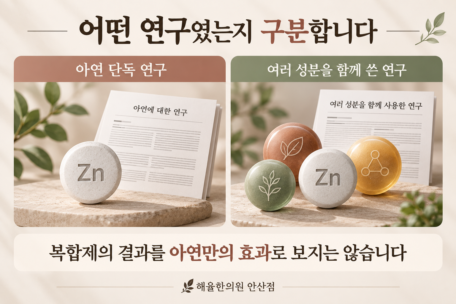 아연 단독 연구와 복합 성분 연구의 차이를 보여주는 비교 그림