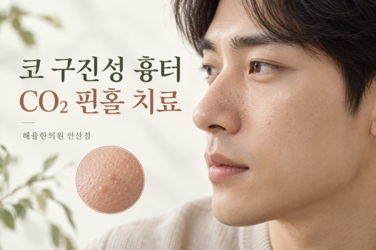 코의 작은 돌기와 CO₂ 핀홀 치료 주제를 보여주는 인물과 피부 확대 그림