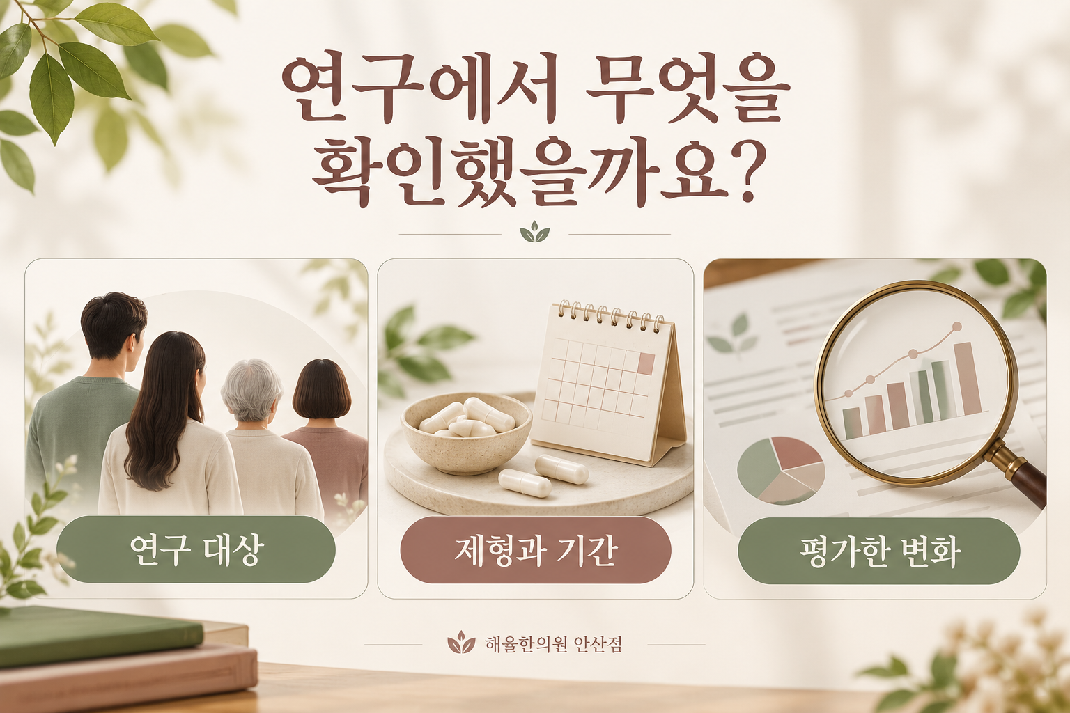 연구 대상과 제형·기간, 평가한 변화를 나누어 확인하는 세 가지 항목