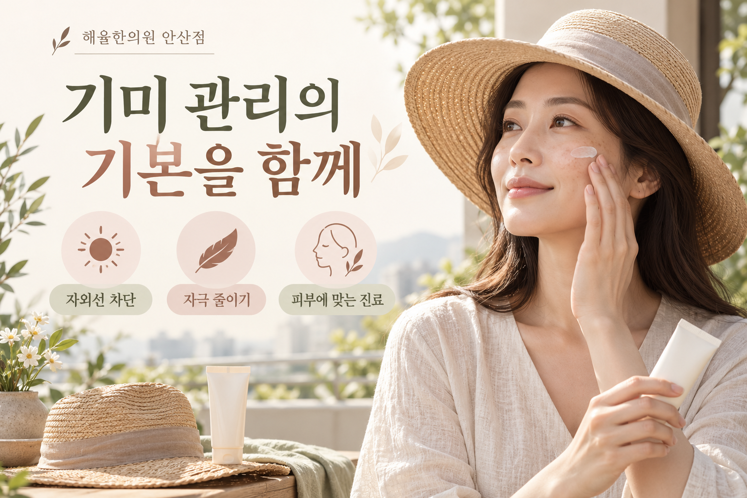 모자와 자외선 차단제를 사용하고 피부 자극을 줄이는 기미 관리