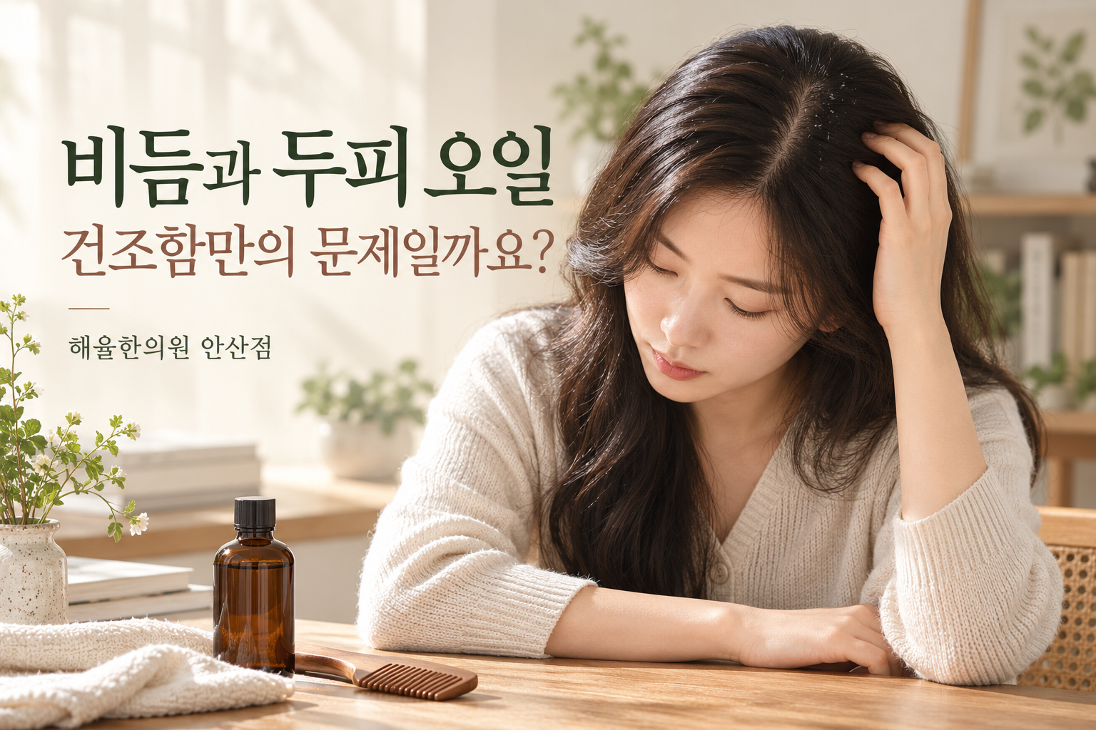 비듬과 가려움이 있는 두피를 살펴보는 여성과 닫힌 오일 용기