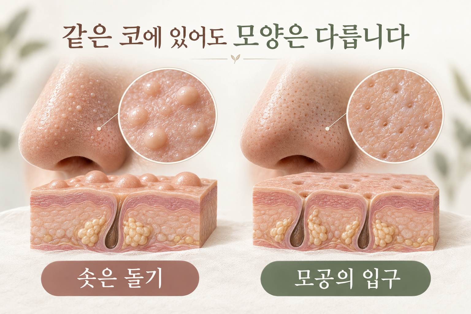 솟은 피부색 돌기와 모공의 입구를 나누어 보여주는 피부 표면 모형