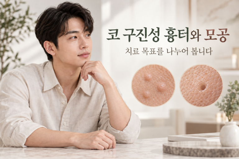 코의 돌기와 모공을 함께 살펴보는 인물과 두 가지 피부 표면 모형