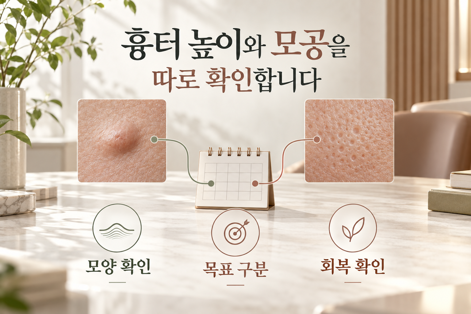 흉터 모양을 확인하고 모공과 목표를 나눈 뒤 회복을 살피는 세 단계