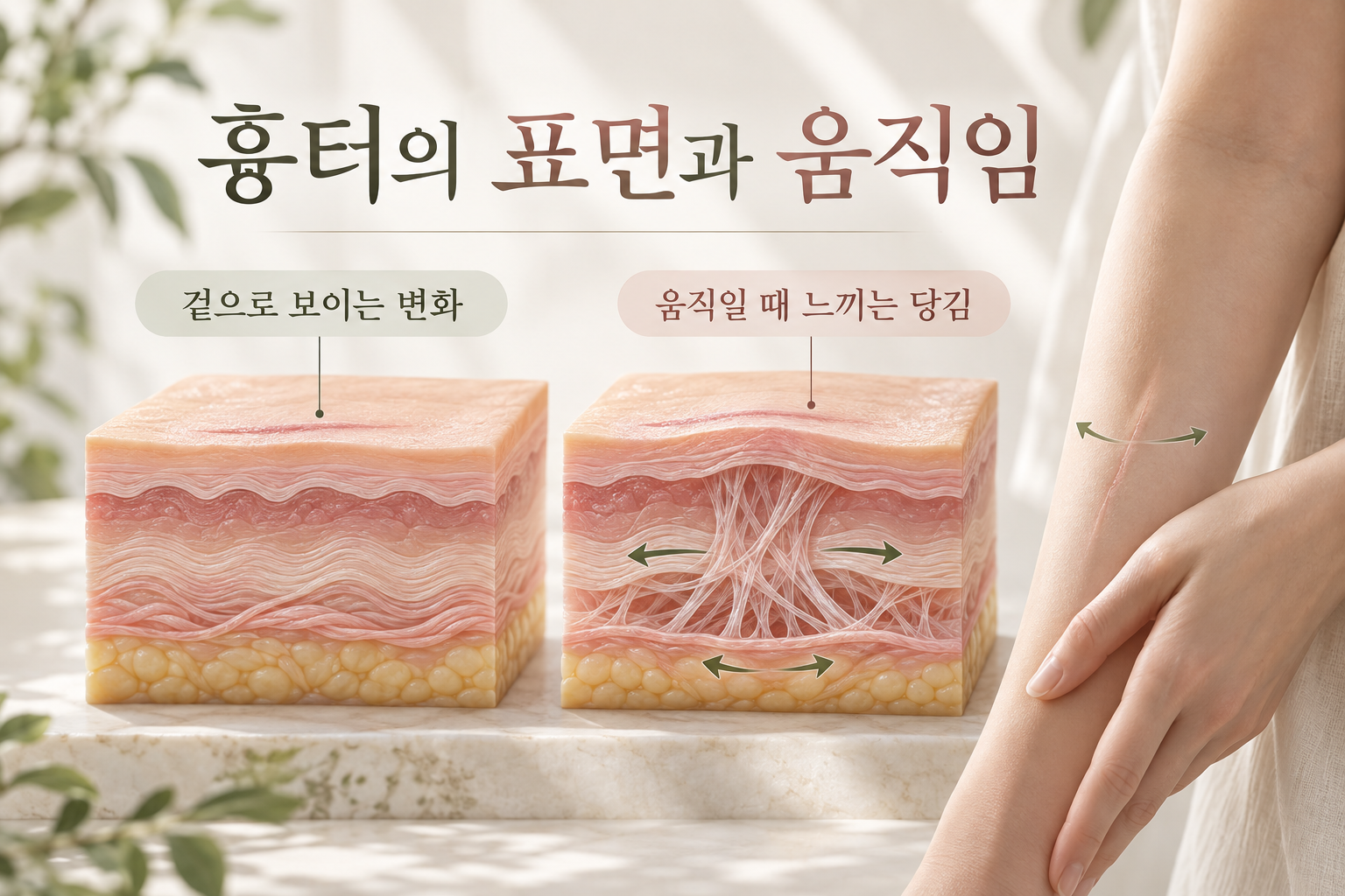 흉터 표면과 피부 아래 층의 연결을 나누어 보여주는 피부 구조 모형