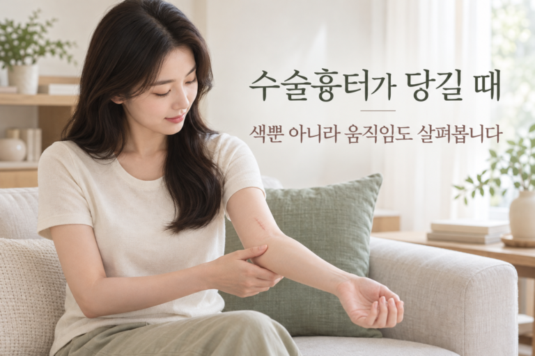 팔꿈치를 가볍게 펴면서 아문 팔의 수술흉터를 살펴보는 여성
