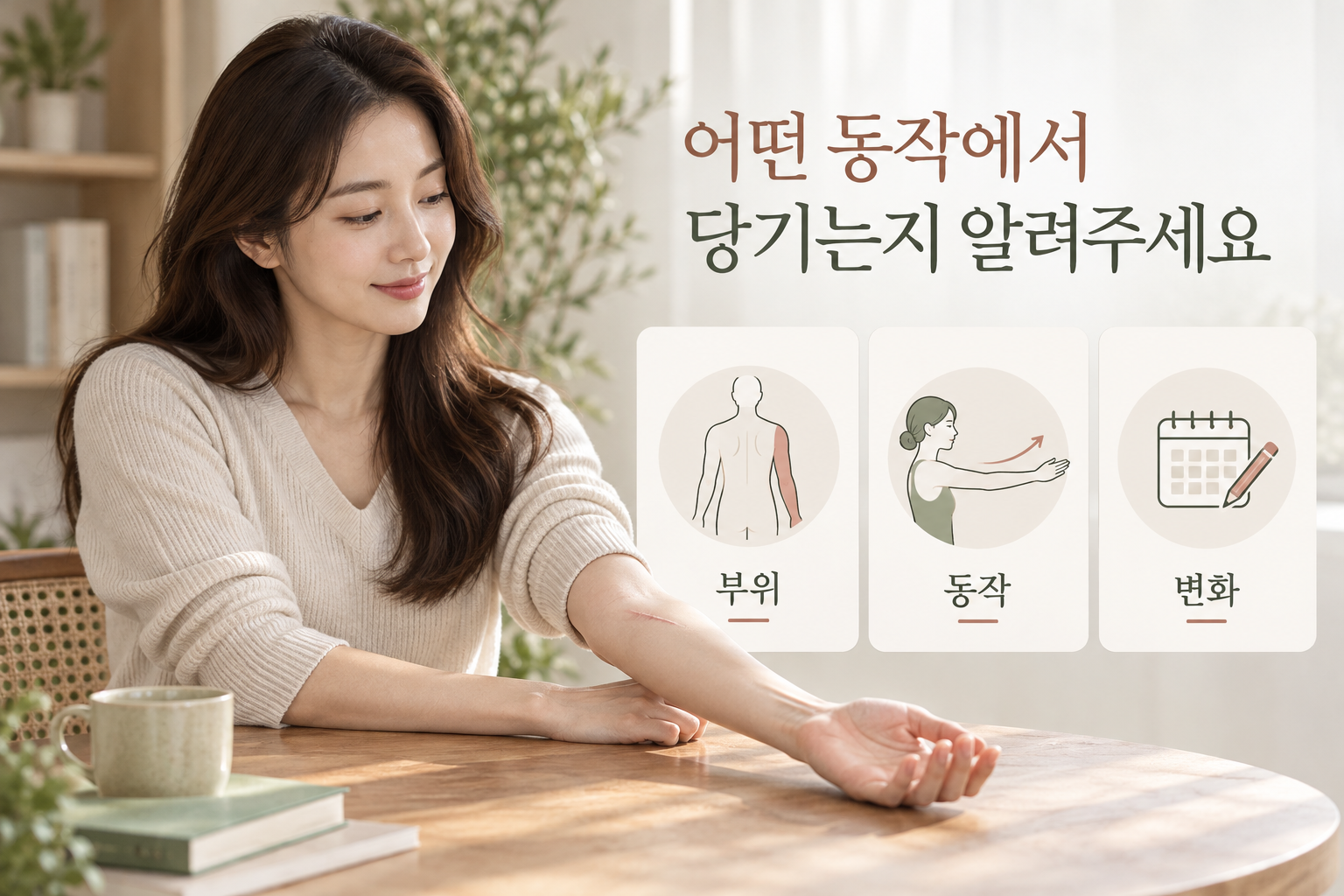 수술흉터가 당기는 부위와 동작, 변화를 기록하는 상담 준비 장면