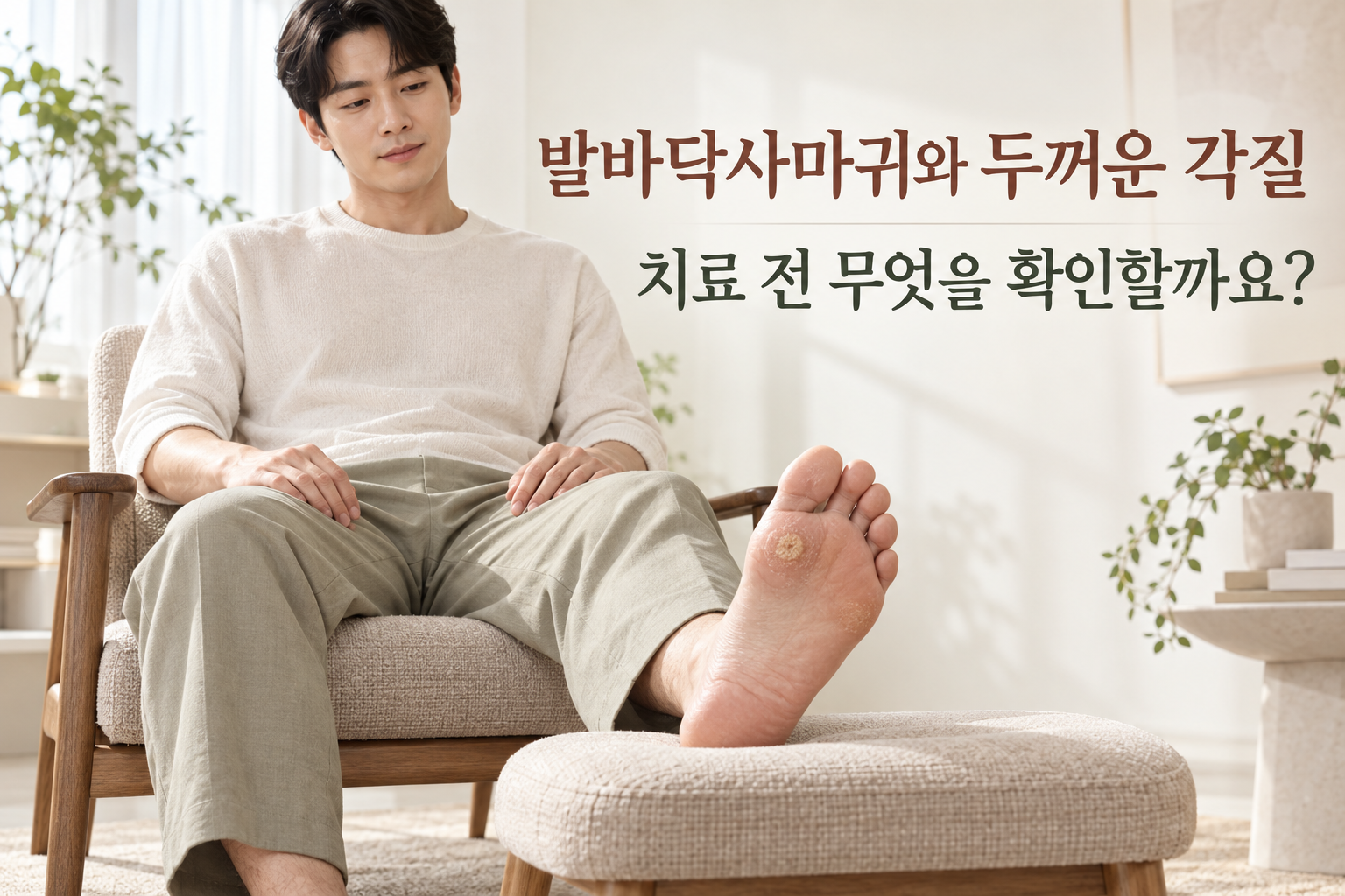 발바닥의 두꺼워진 부위를 살펴보는 자연스러운 착석 장면