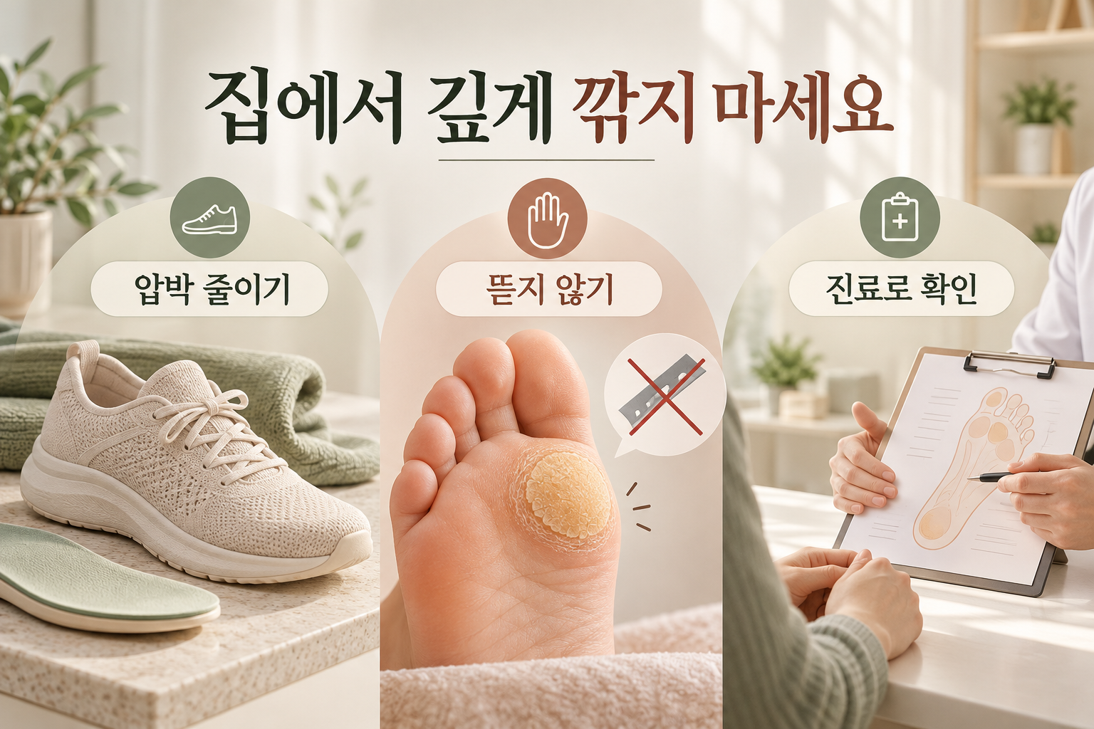 발의 압박을 줄이고 병변을 뜯지 않으며 진료로 확인하는 관리 안내