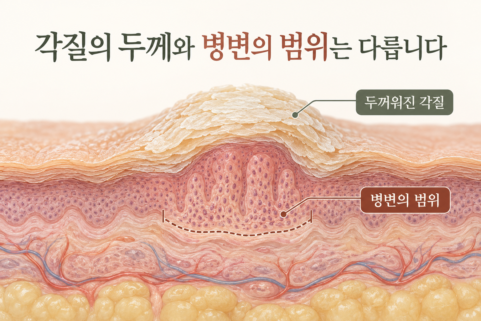 발바닥의 두꺼워진 각질과 병변 범위를 구별하는 피부 단면 모형