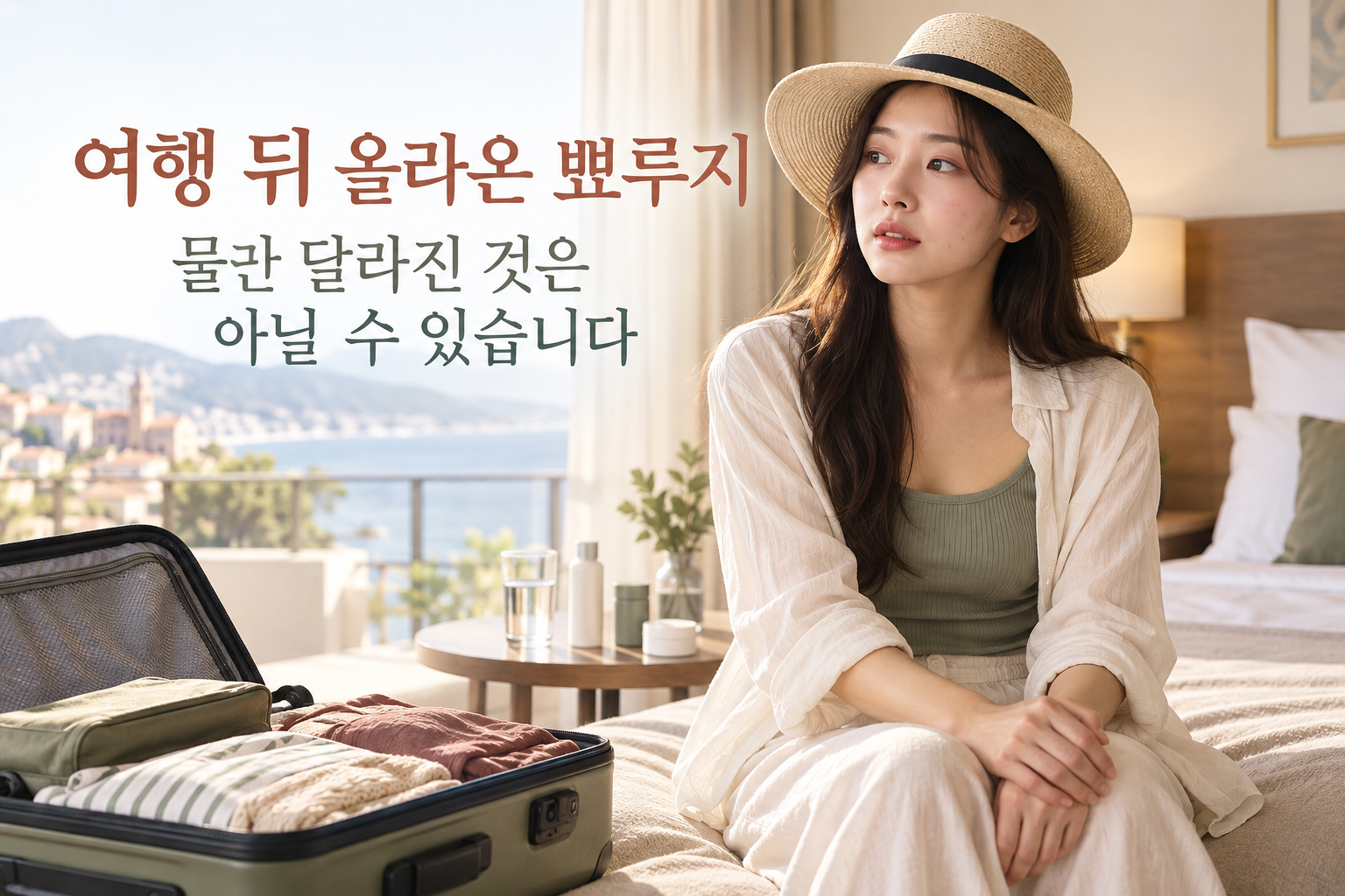 여행 가방과 익숙한 세안 제품 옆에서 피부 변화를 살펴보는 여성
