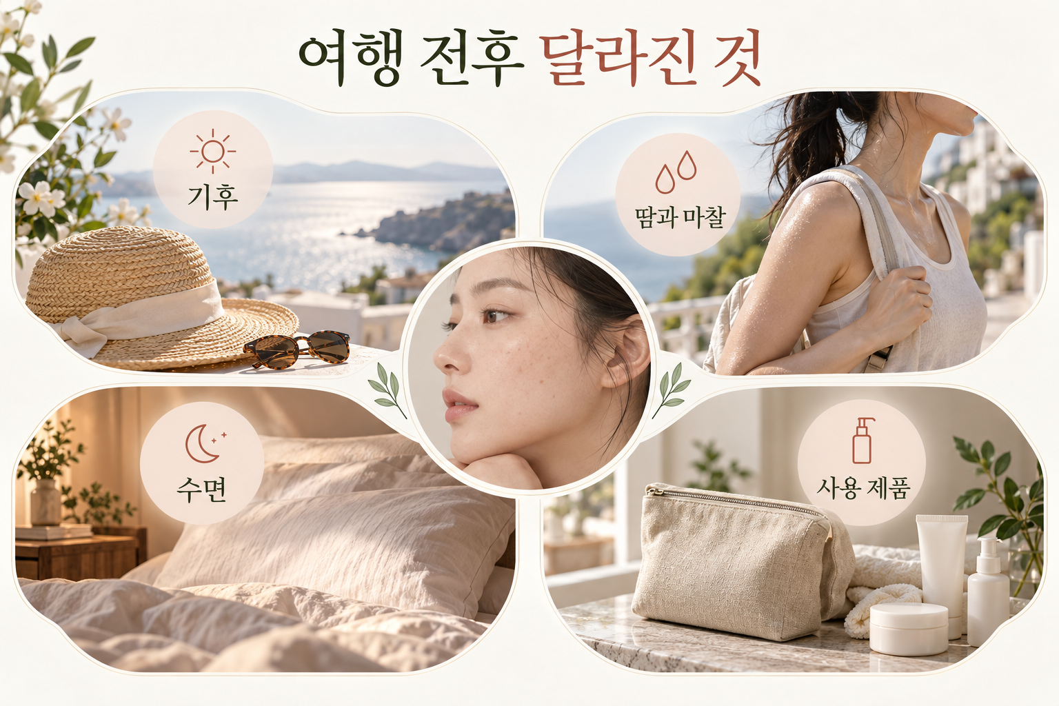 여행 중 달라질 수 있는 기후와 땀·마찰, 수면, 사용 제품 네 항목