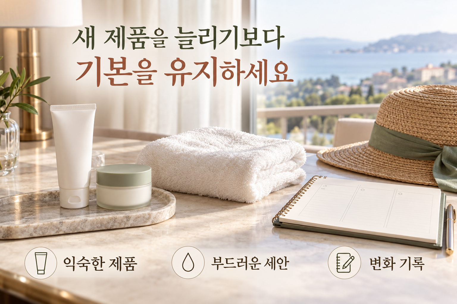 익숙한 제품과 부드러운 세안, 변화 기록을 준비하는 여행 피부 관리 장면