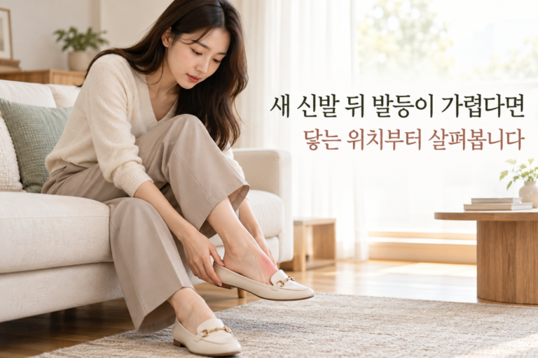 새 신발을 벗으며 발등의 가려운 부위를 살펴보는 자연스러운 착석 장면