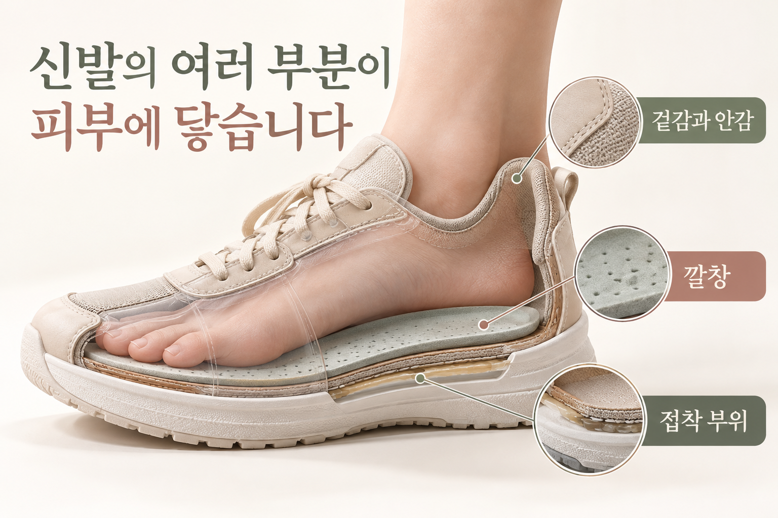 신발의 겉감과 안감, 깔창, 접착 부위를 구별해 보여주는 모형