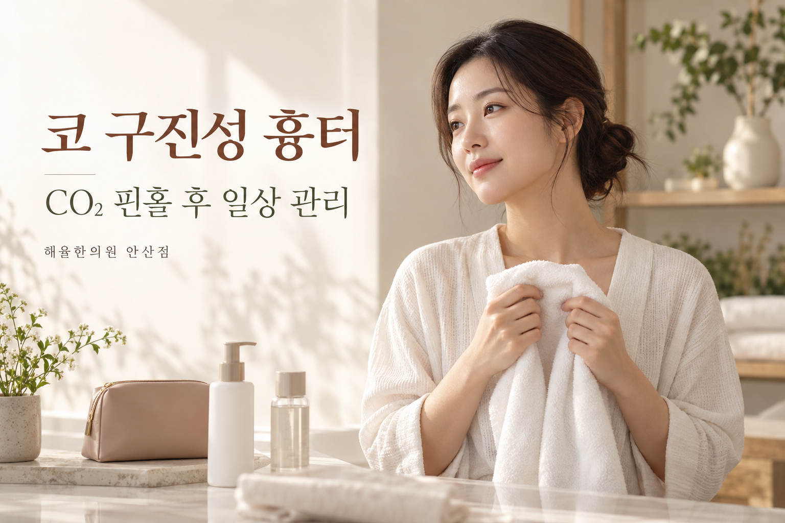 깨끗한 수건을 들고 있는 여성과 코 구진성 흉터 시술 후 관리 안내