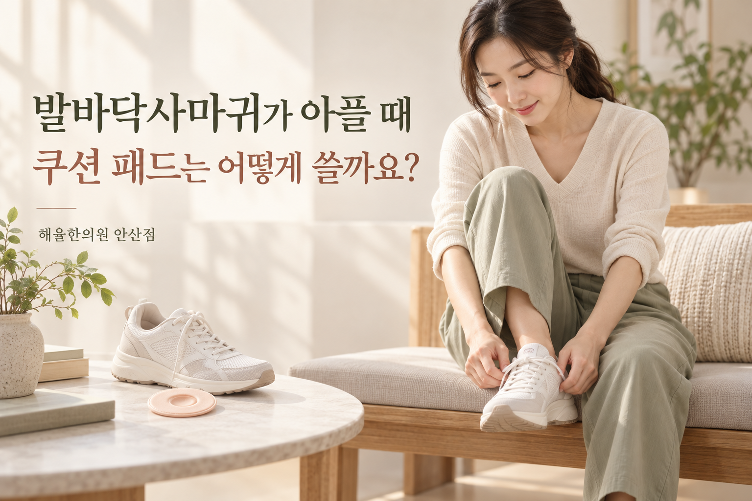넉넉한 운동화를 신는 여성과 테이블 위 보호 패드