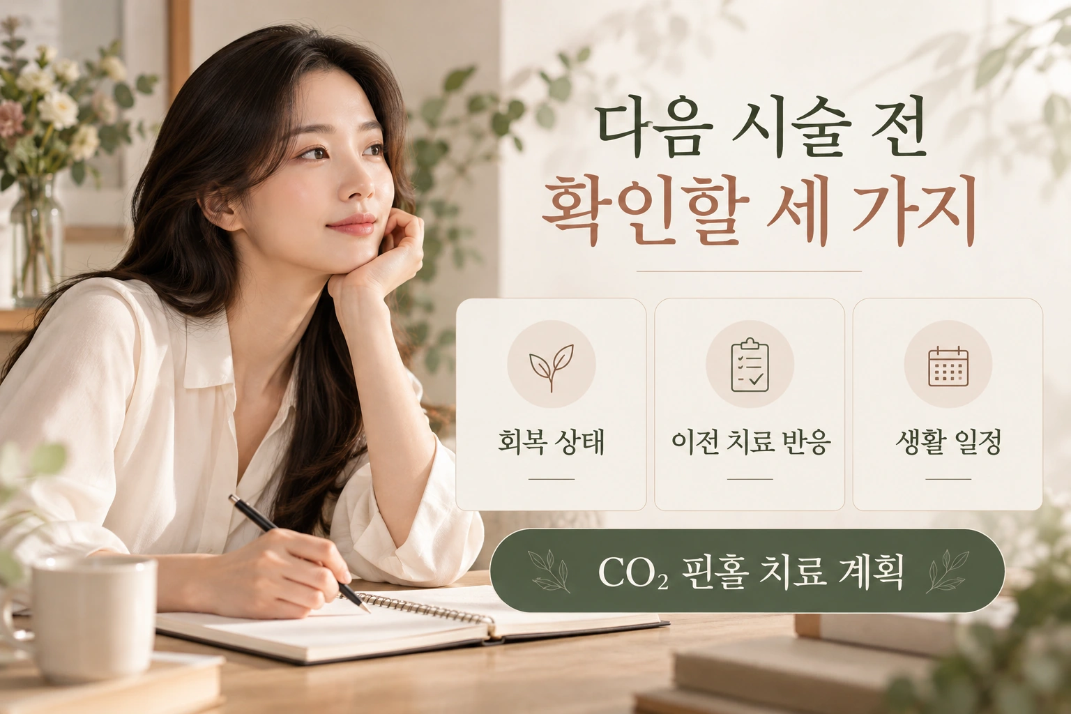 회복 상태와 이전 치료 반응 및 생활 일정을 정리하는 CO₂ 핀홀 상담 계획
