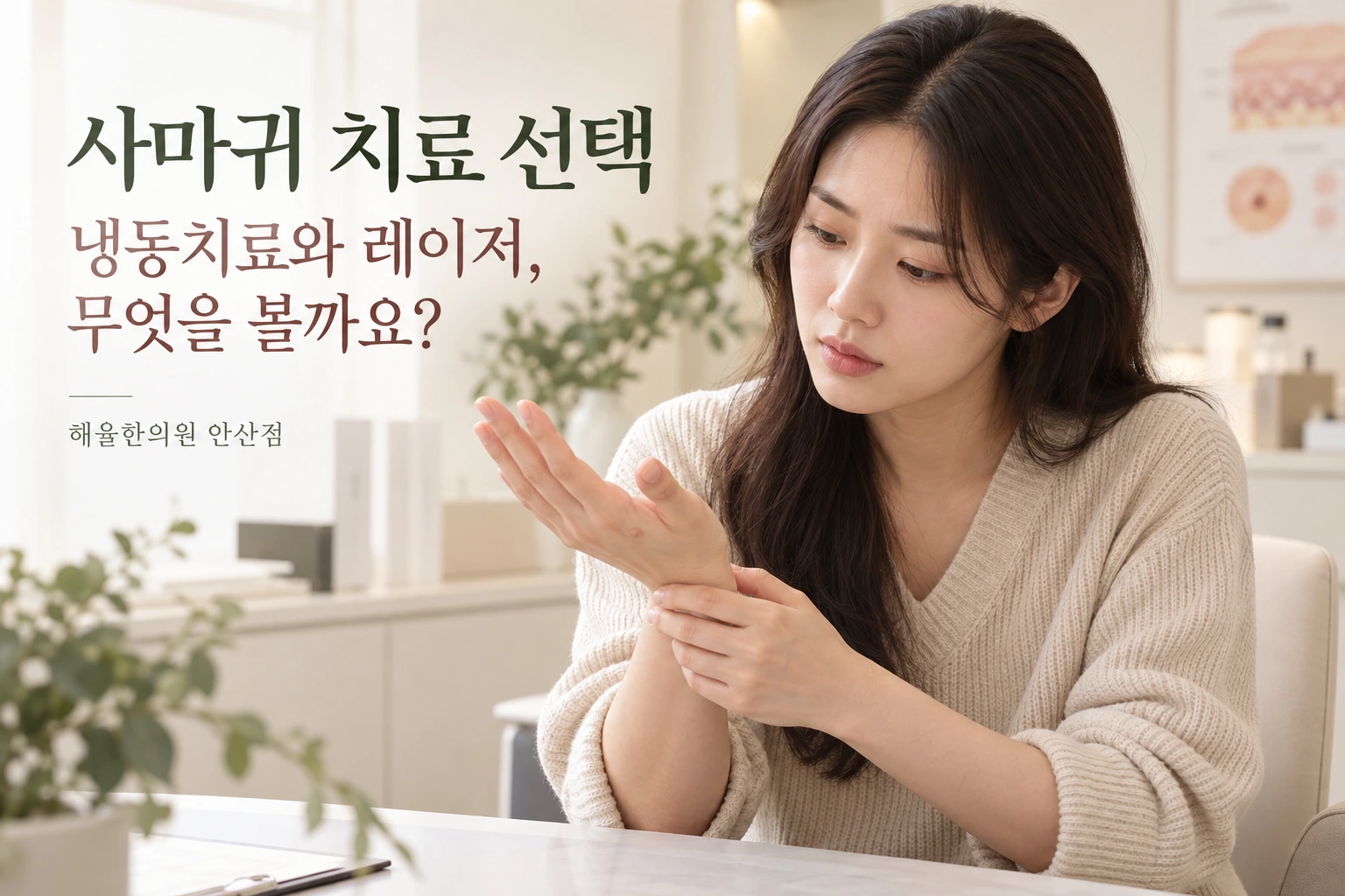 사마귀 치료를 상담하기 전 손의 병변을 살펴보는 사람