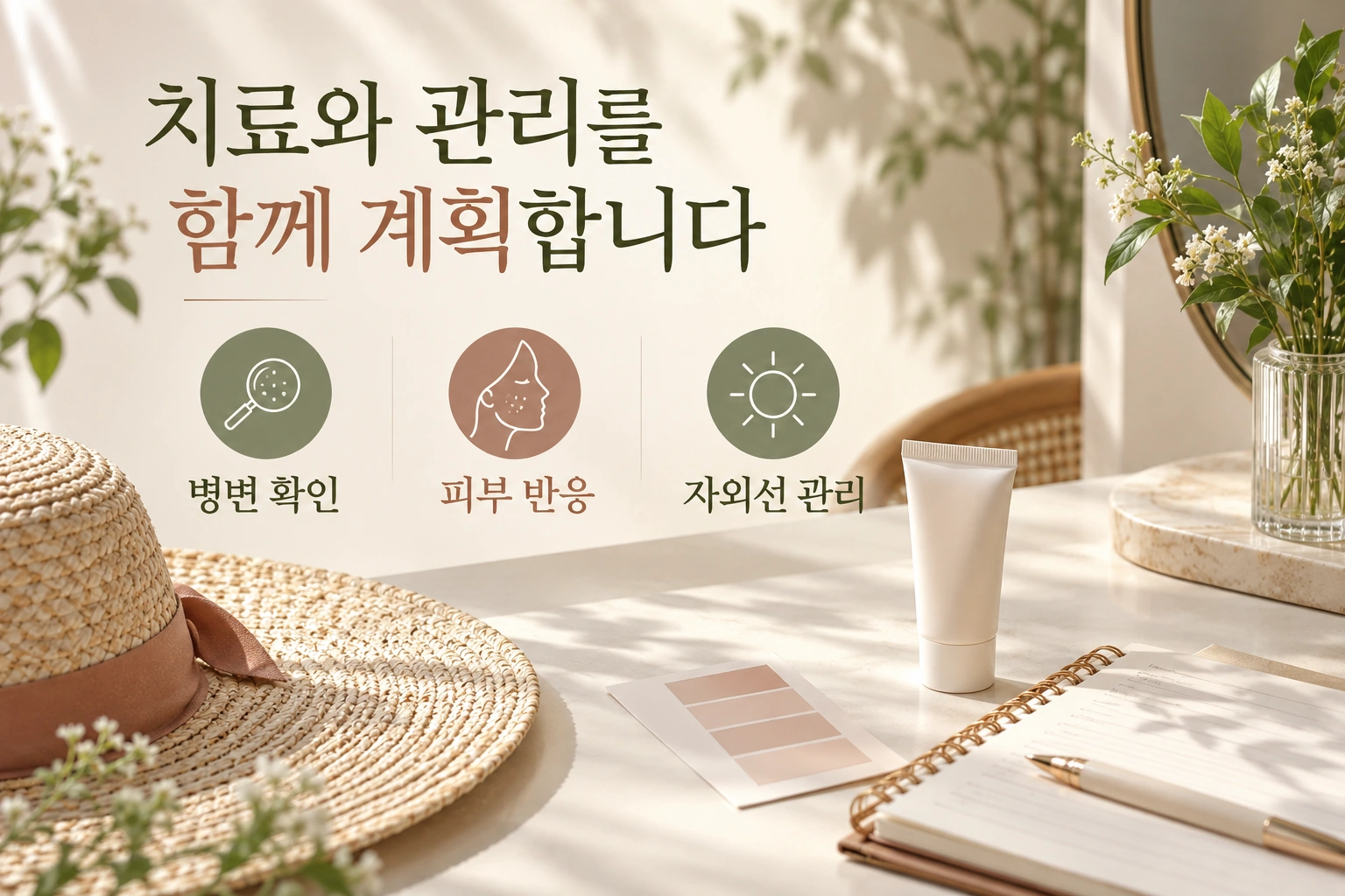병변 확인과 피부 반응 및 자외선 관리를 함께 계획하는 자료
