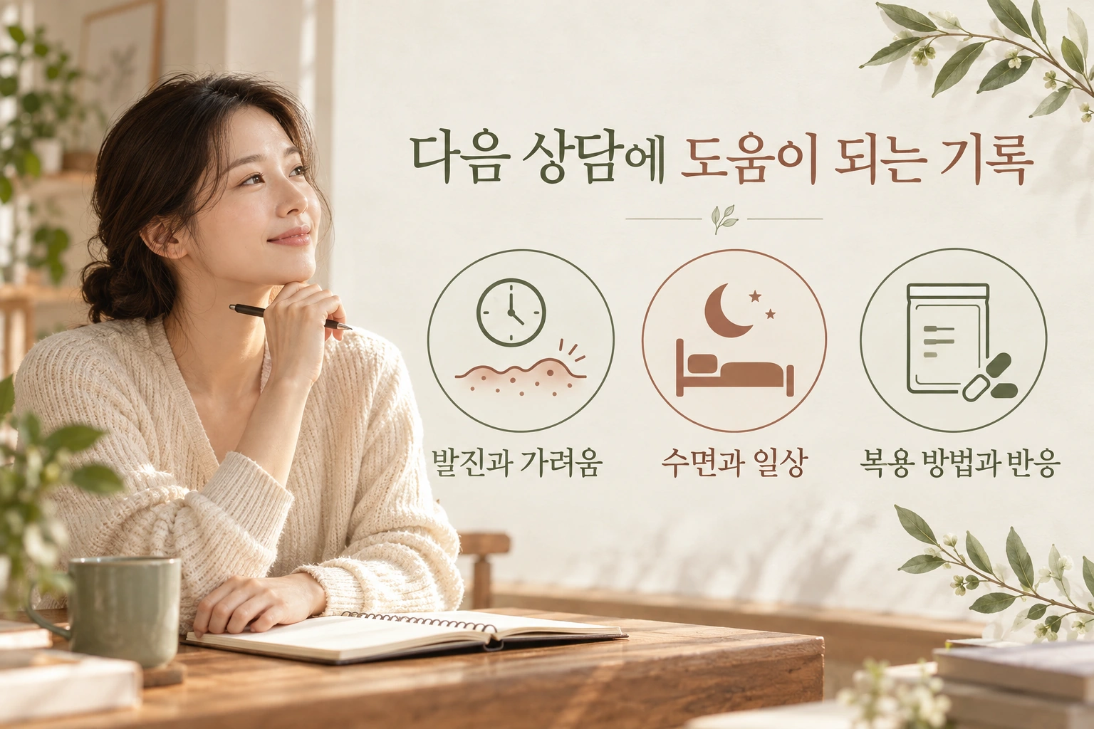 발진과 가려움 및 수면과 일상 및 복용 반응을 기록하는 두드러기 상담 항목
