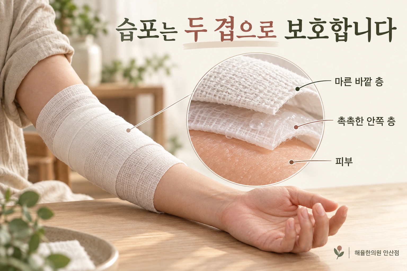 피부 위 촉촉한 안쪽 층과 마른 바깥 층으로 구성되는 습포의 구조