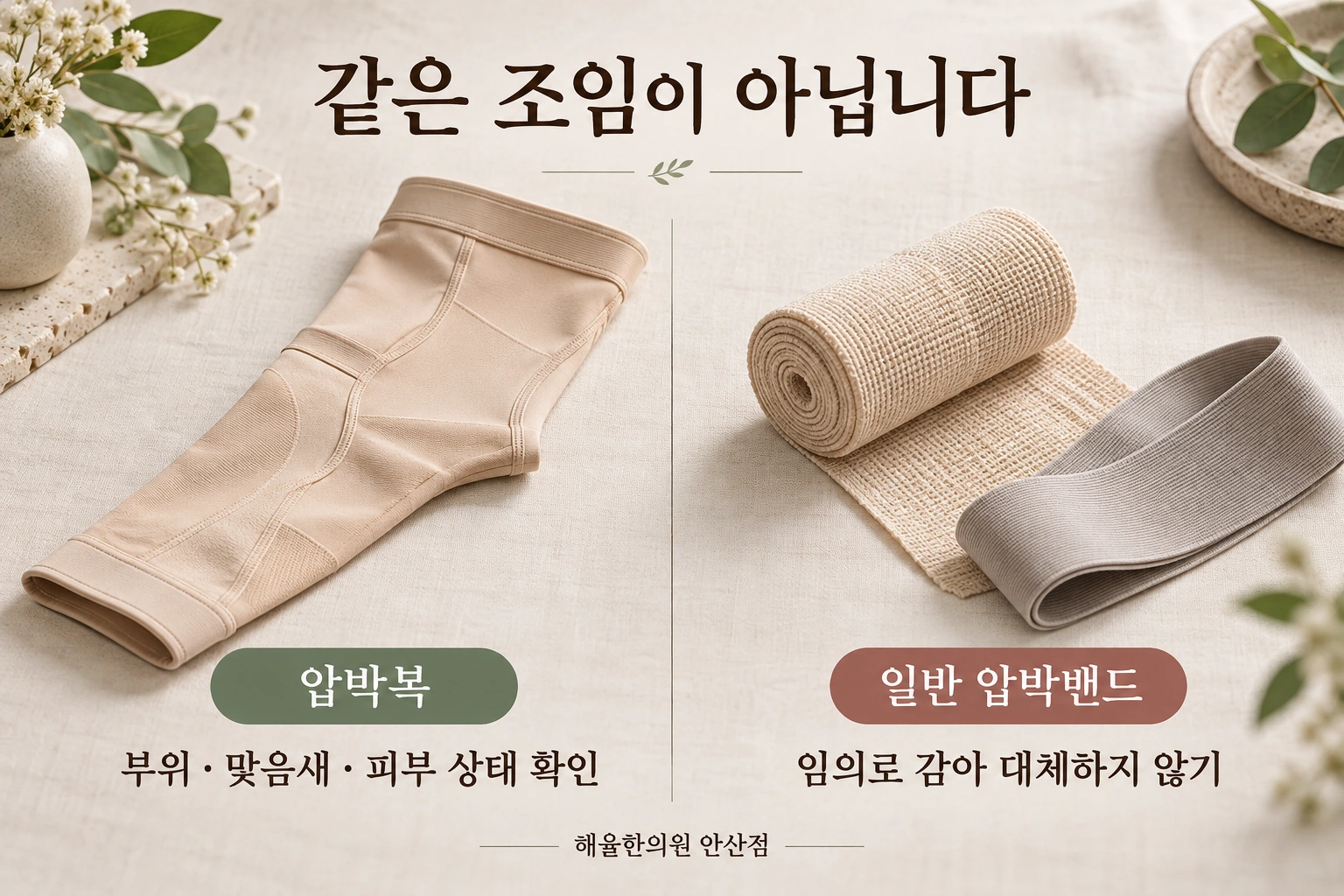 흉터 관리용 압박복과 일반 압박밴드의 선택 기준을 비교하는 구성