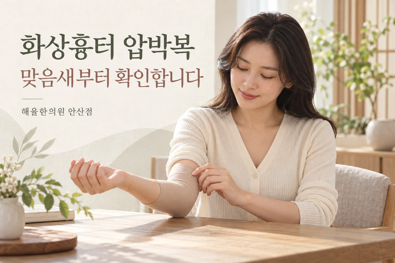 압박복을 착용한 팔의 맞음새를 살펴보는 여성