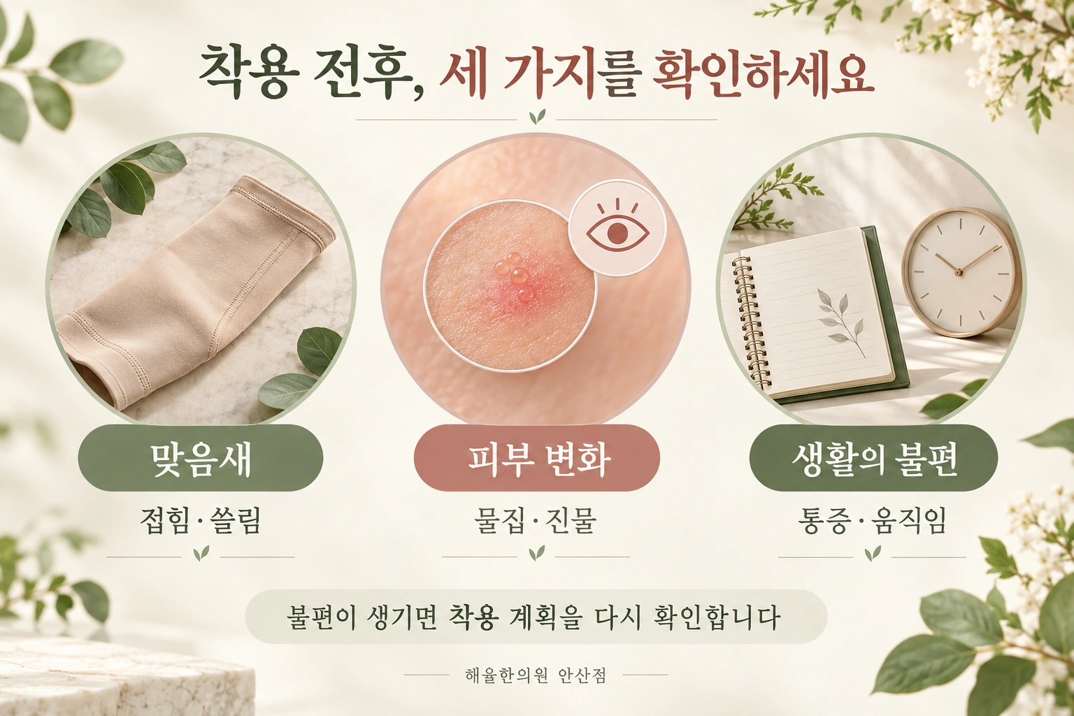 맞음새와 피부 변화 및 생활의 불편을 나누어 확인하는 세 가지 항목