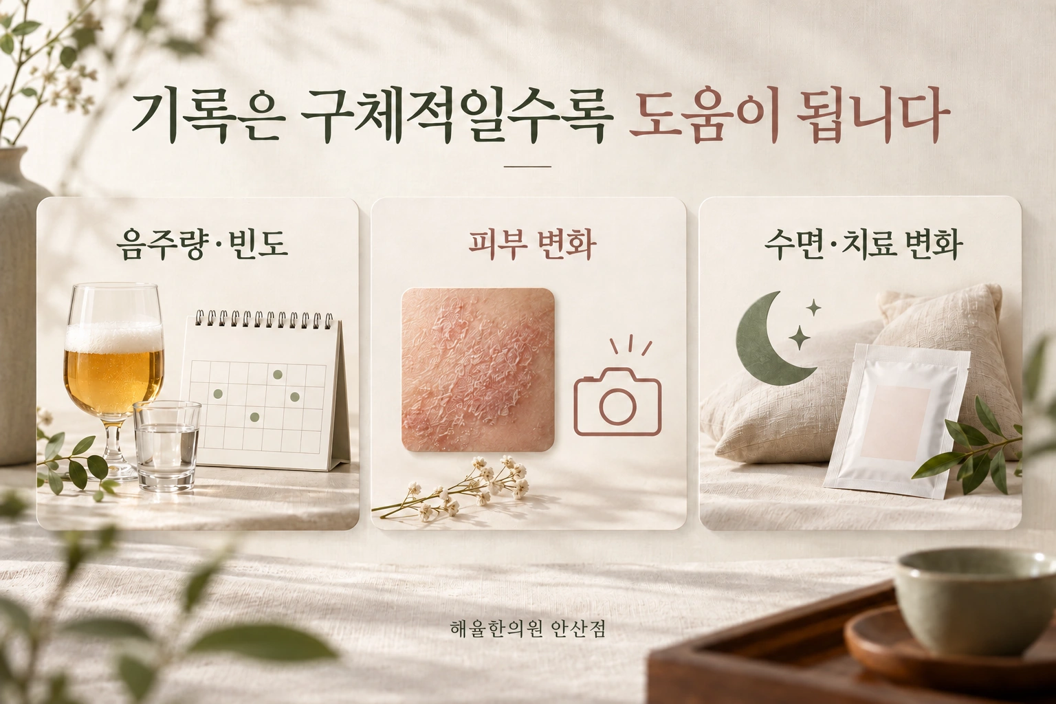 음주량과 빈도, 피부 변화, 같은 시기의 생활과 치료를 나누어 기록하는 그림