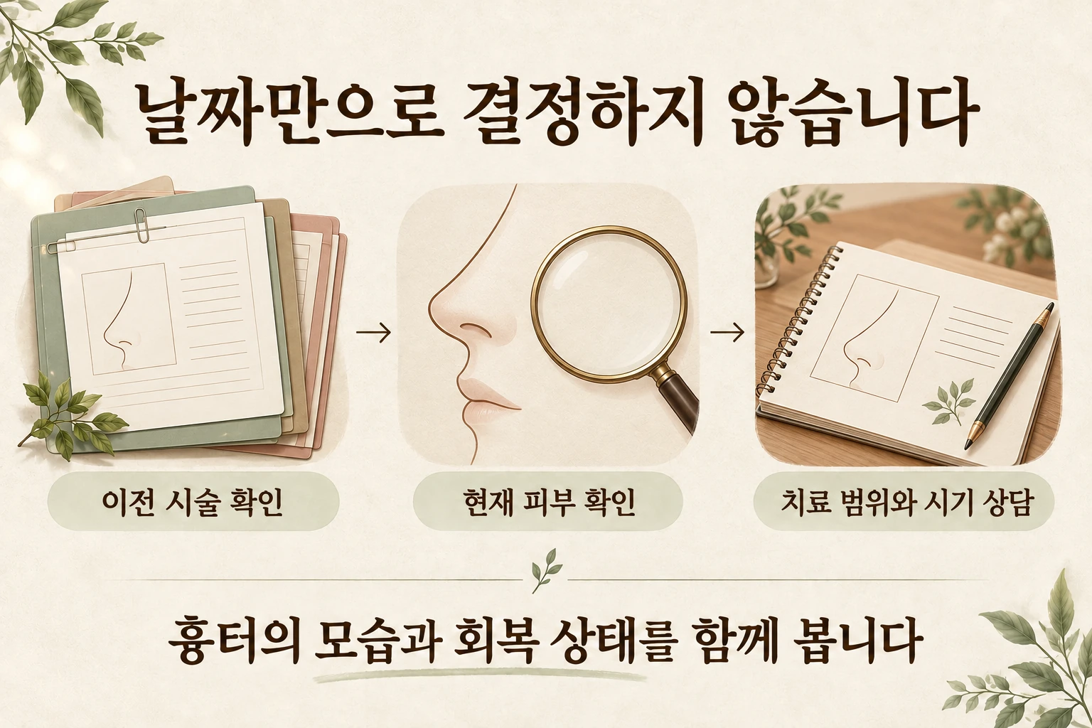 이전 시술과 현재 피부를 확인한 뒤 치료 범위와 시기를 상담하는 흐름