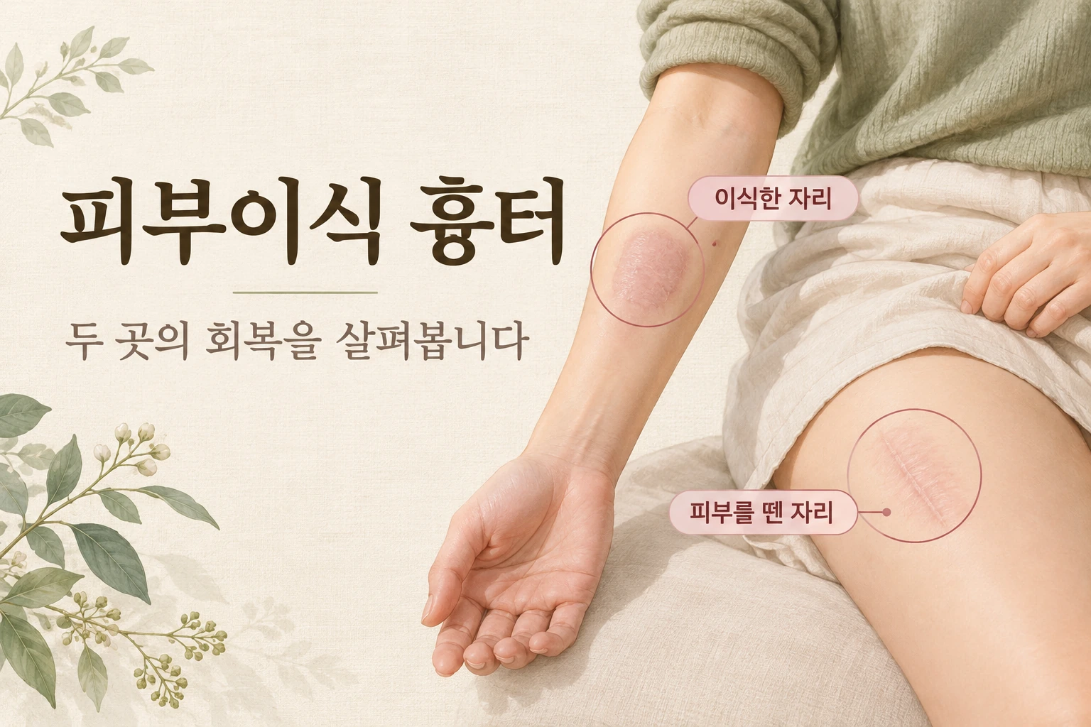 피부이식의 이식부와 공여부를 서로 다른 위치로 표시한 그림