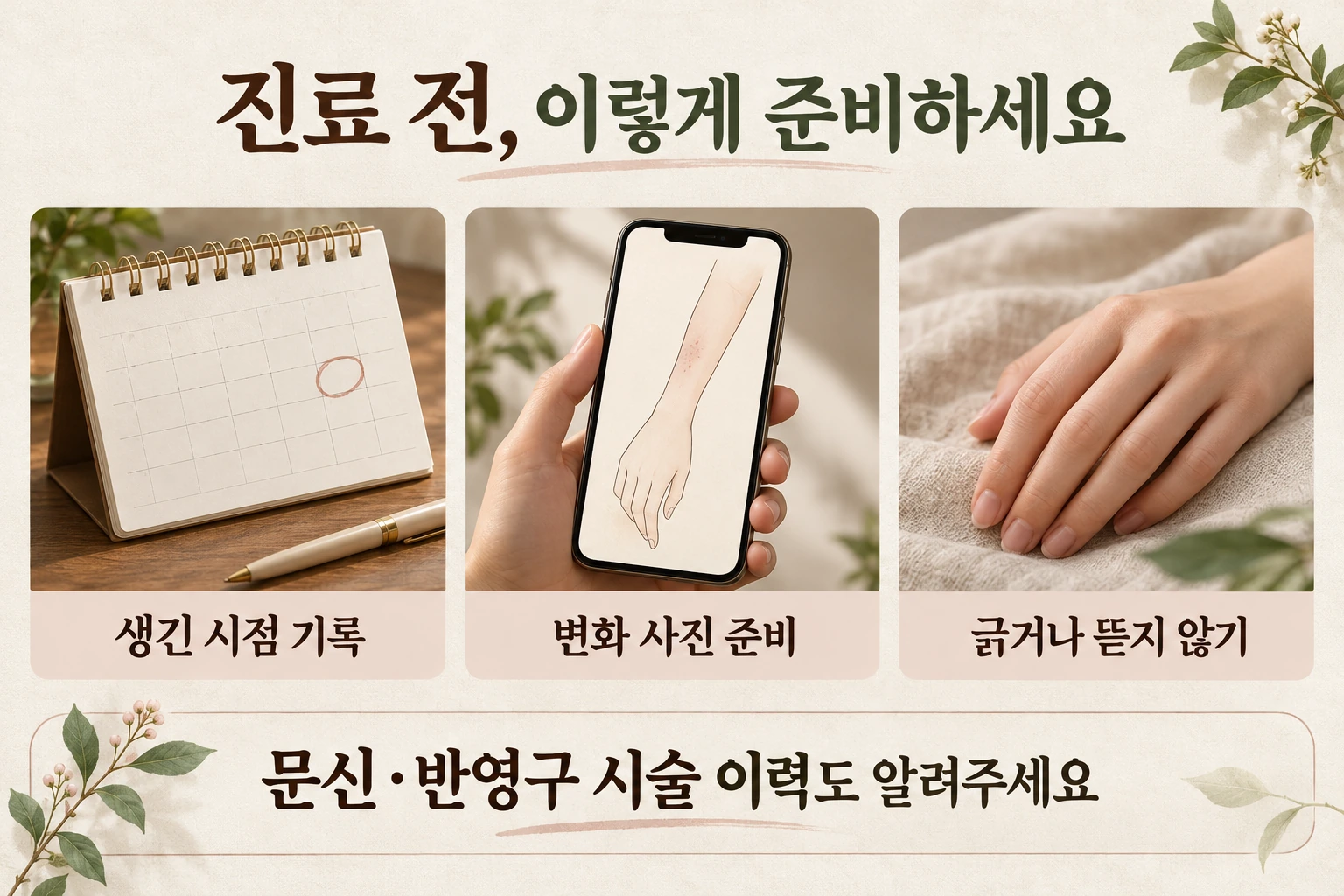 발생 시점과 변화 사진을 준비하고 병변을 긁거나 뜯지 않는 진료 준비