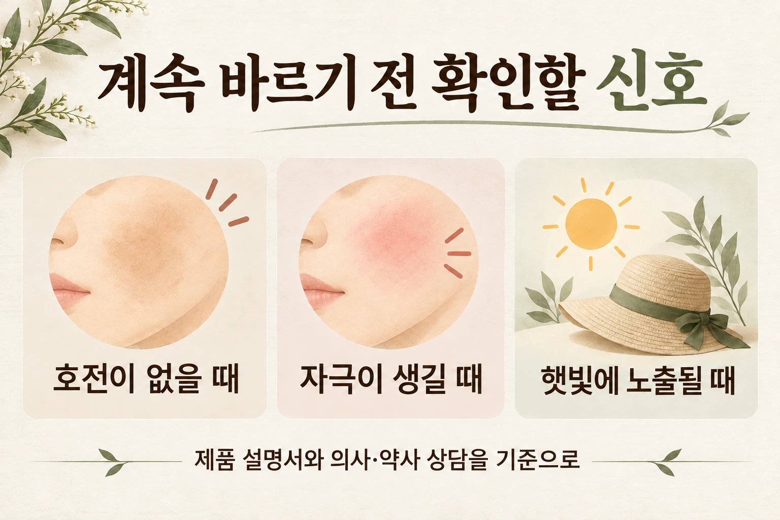 호전 부족과 피부 자극, 햇빛 노출을 확인하고 상담하는 기준