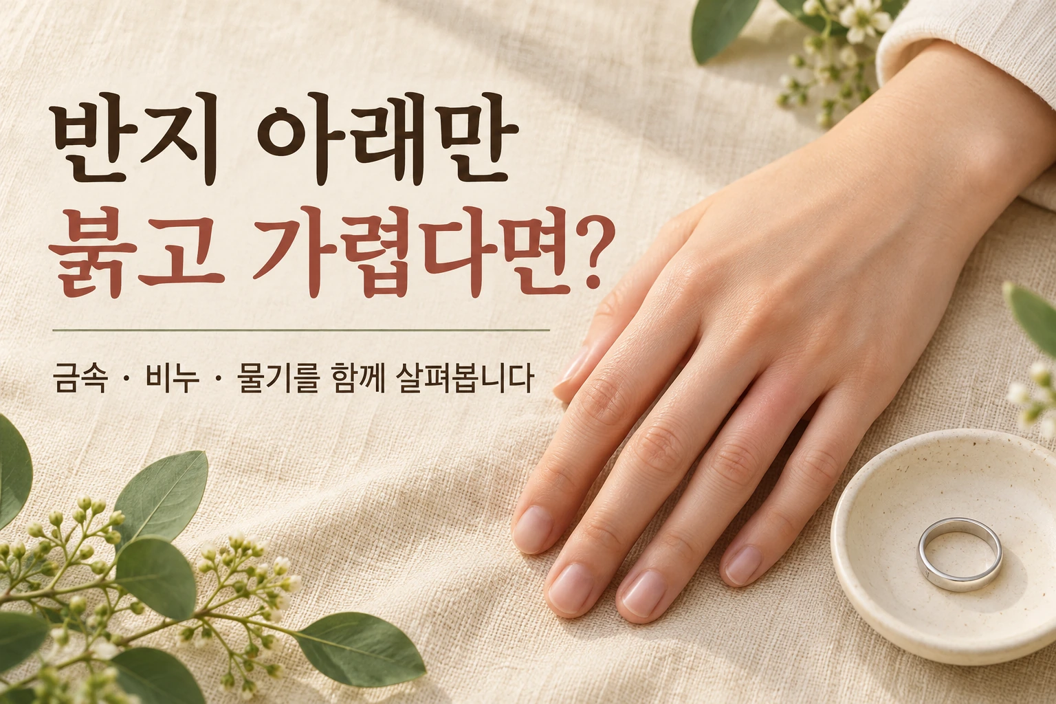 반지를 뺀 손과 반지 보관 접시를 보여주는 접촉피부염 주제 표지