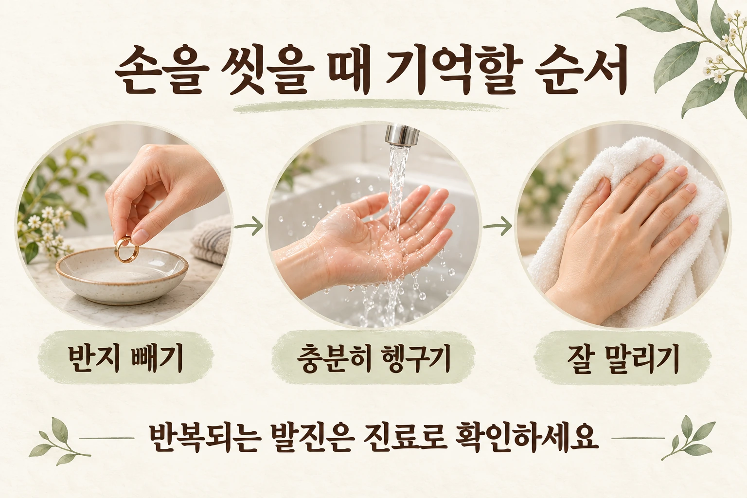 반지를 빼고 손을 헹군 뒤 충분히 말리는 순서