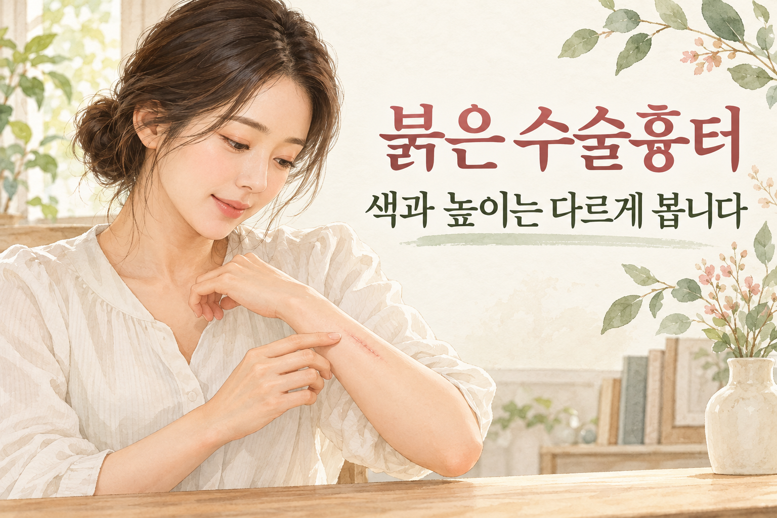 아문 팔의 붉은 수술흉터를 살펴보는 여성과 색과 높이를 구분한다는 문구