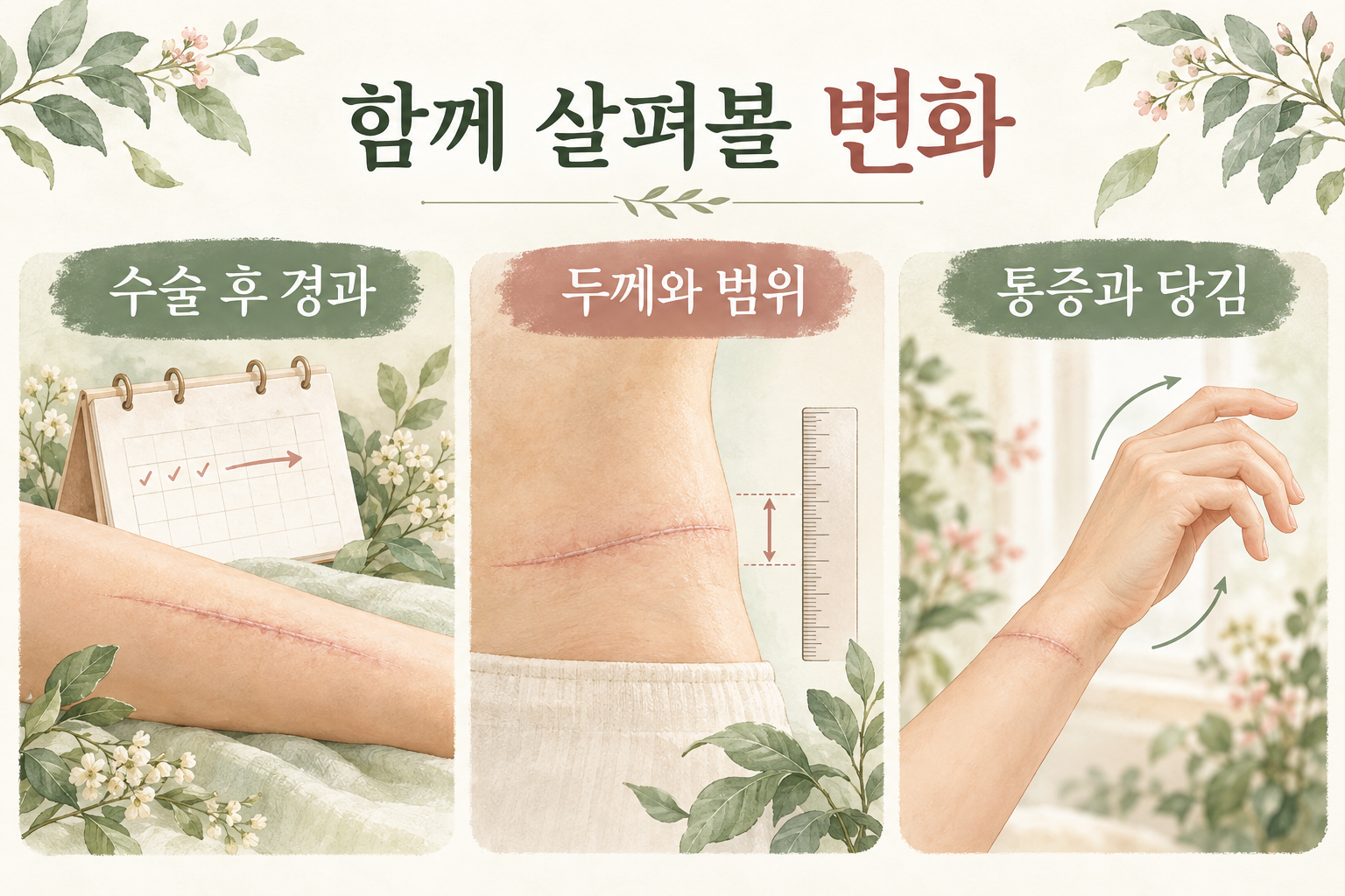 수술 후 경과와 두께 및 범위 그리고 통증과 당김을 살펴보는 그림